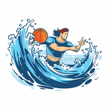 Téléchargez les illustrations : Illustration vectorielle d'un jeune homme jouant au basket sur une vague bleue de l'océan - en licence libre de droit