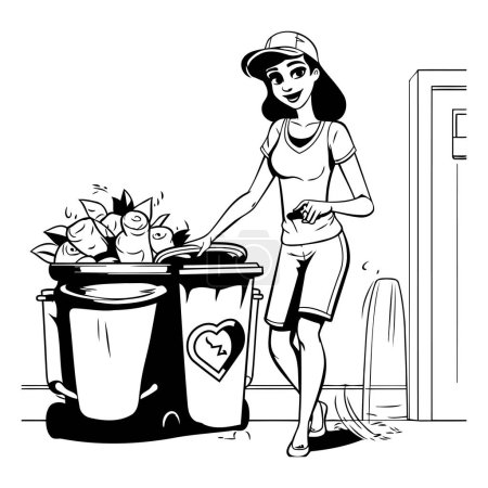 Ilustración de Una mujer joven tirando basura en el bote de basura. Ilustración vectorial en blanco y negro. - Imagen libre de derechos