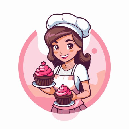 Linda chica de dibujos animados chef sosteniendo una magdalena. Ilustración vectorial.