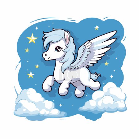 Ilustración de Lindo unicornio blanco de dibujos animados volando en las nubes. Ilustración vectorial. - Imagen libre de derechos