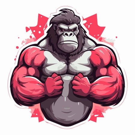 Téléchargez les illustrations : Illustration vectorielle de la tête de gorille forte avec de gros muscles dans le style dessin animé isolé sur fond blanc. - en licence libre de droit