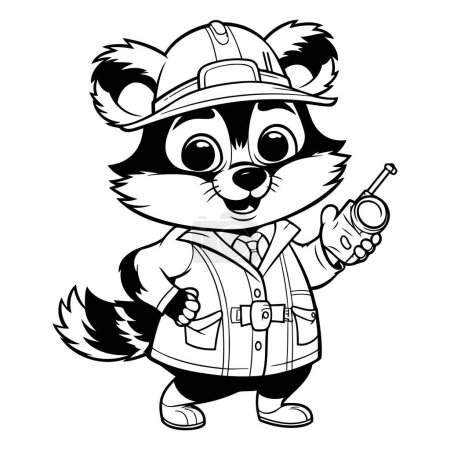 Téléchargez les illustrations : Illustration de dessin animé noir et blanc de personnage de mascotte de raton laveur pour livre à colorier - en licence libre de droit