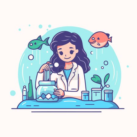 Ilustración vectorial de una niña en una bata de laboratorio sosteniendo un frasco de vidrio con peces y algas.