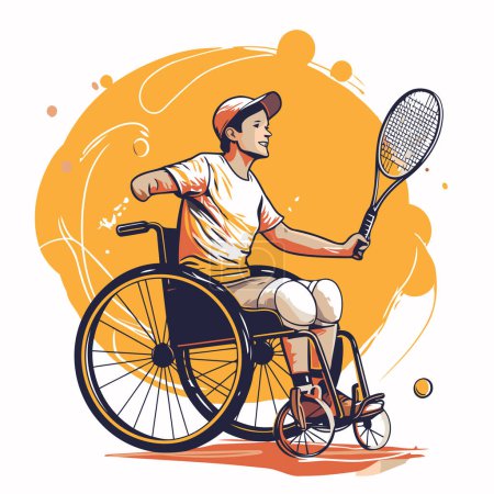 Téléchargez les illustrations : Homme handicapé dans un fauteuil roulant jouant au tennis. Illustration vectorielle. - en licence libre de droit