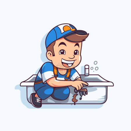 Téléchargez les illustrations : Charmant petit garçon plombier réparer un évier. Illustration vectorielle - en licence libre de droit