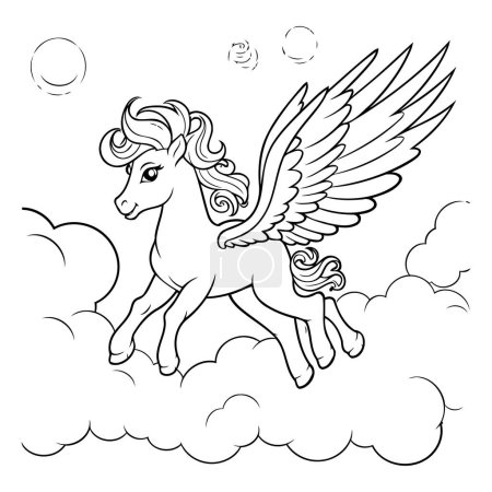 Ilustración de Unicornio volando en las nubes. Ilustración vectorial en blanco y negro para colorear libro - Imagen libre de derechos