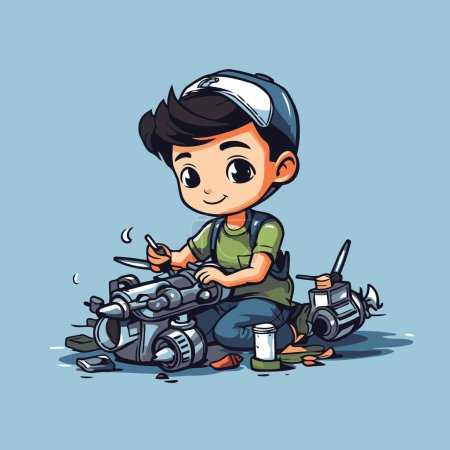 Illustration for Vector illustration of a boy repairing a motorbike with a wrench. - Royalty Free Image