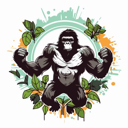 Téléchargez les illustrations : Gorille aux feuilles vertes et fond grunge. Illustration vectorielle. - en licence libre de droit