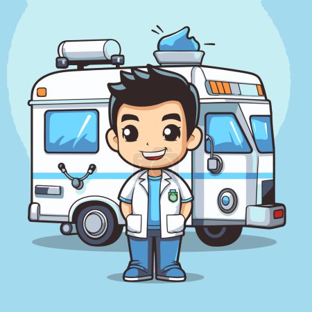 Illustration for Cute cartoon doctor and ambulance car. Vector illustration of a cartoon character. - Royalty Free Image