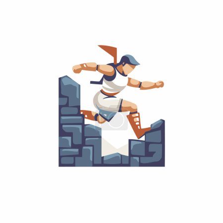 Téléchargez les illustrations : Caractère de bande dessinée d'un homme sautant d'un mur de pierre vecteur Illustration - en licence libre de droit
