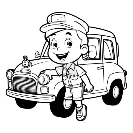 Téléchargez les illustrations : Dessin animé noir et blanc Illustration d'un garçon enfant avec une voiture ou un camion rétro pour livre à colorier - en licence libre de droit
