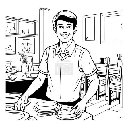 Téléchargez les illustrations : Illustration vectorielle d'un jeune homme en tablier faisant dîner à la maison - en licence libre de droit