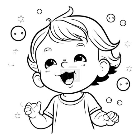Téléchargez les illustrations : Joyeux petit garçon dessin animé. Illustration vectorielle noir et blanc pour livre à colorier. - en licence libre de droit