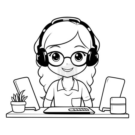 Illustration for Call center and customer support agent with headset and computer cartoon vector illustration graphic design - Royalty Free Image