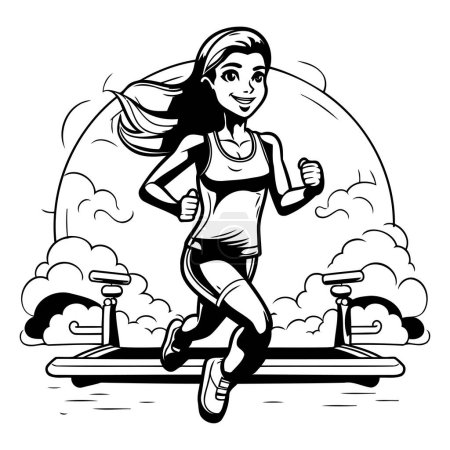 Illustration for Fitness woman running on a treadmill. Black and white vector illustration. - Royalty Free Image