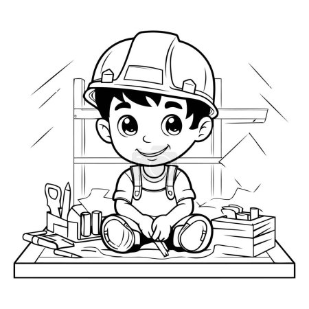 Téléchargez les illustrations : Illustration de bande dessinée en noir et blanc d'un ouvrier de la construction ou d'un constructeur pour un livre à colorier - en licence libre de droit