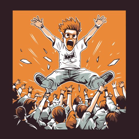 Handsome young man jumping in the crowd. Vector illustration.