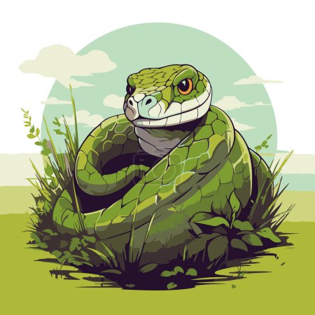 Téléchargez les illustrations : Serpent vert sur la prairie. Illustration vectorielle d'un serpent. - en licence libre de droit