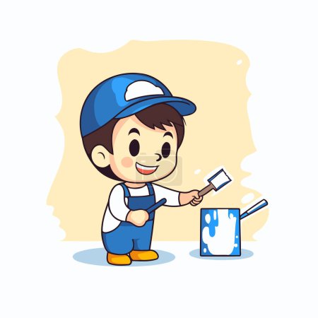 Illustration for Boy painting wall with brush and paint roller. Cute cartoon vector illustration. - Royalty Free Image