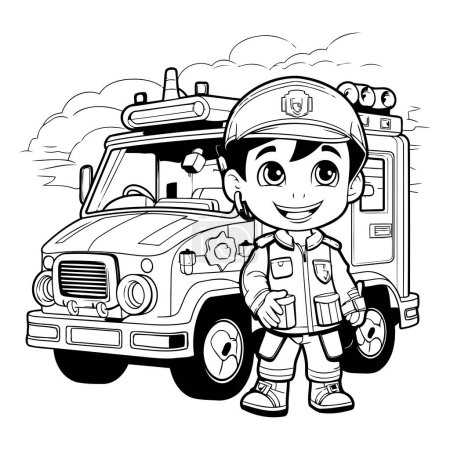Ilustración de Ilustración de dibujos animados en blanco y negro de niño bombero o bombero con coche de ambulancia para colorear libro - Imagen libre de derechos