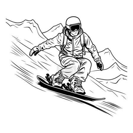 Téléchargez les illustrations : Snowboarder sautant dans les montagnes. illustration vectorielle noir et blanc. - en licence libre de droit
