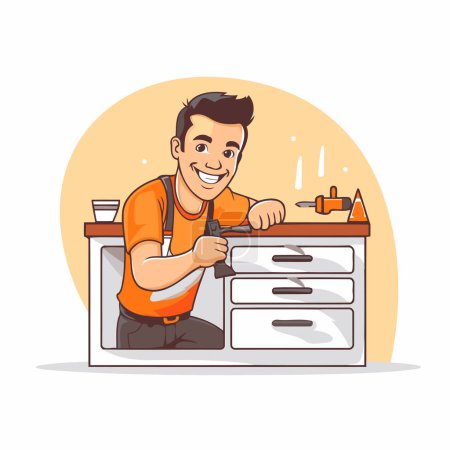 Ilustración de Un hombre trabajando en la cocina. Ilustración vectorial en un estilo plano. - Imagen libre de derechos