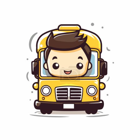 Téléchargez les illustrations : Mignon écolier équitation bus scolaire vectoriel dessin animé personnage Illustration. - en licence libre de droit