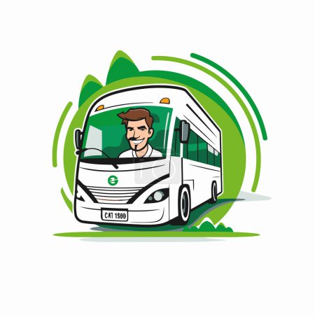 Téléchargez les photos : Homme dans l'icône du bus. Illustration vectorielle d'un chauffeur de bus sur fond vert. - en image libre de droit