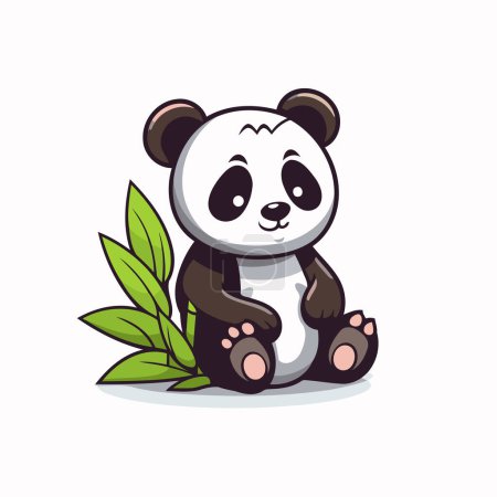 Téléchargez les illustrations : Mignon panda assis sur le sol avec des feuilles vertes. Illustration vectorielle. - en licence libre de droit