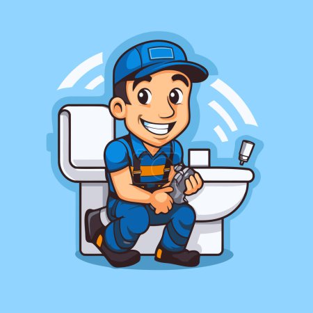 Illustration for Plumber with a gun in the toilet. Vector cartoon illustration. - Royalty Free Image
