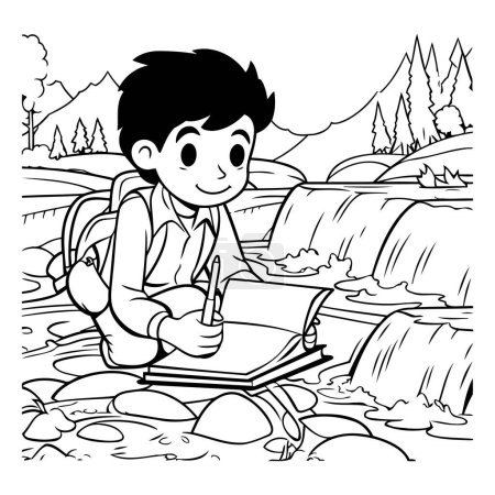 Téléchargez les illustrations : Illustration de bande dessinée en noir et blanc d'un garçon lisant un livre sur la rivière Mountain ou un ruisseau pour colorier un livre - en licence libre de droit