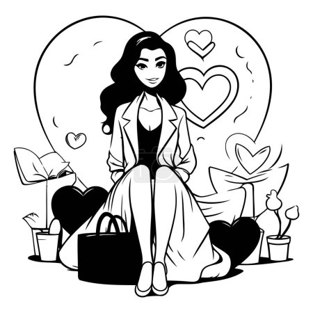 Illustration for Black and white illustration of a beautiful young woman sitting on the ground in front of a heart pattern - Royalty Free Image
