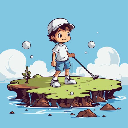 Illustration for Boy playing golf on the island. Vector illustration in cartoon style. - Royalty Free Image