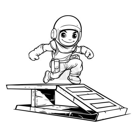 Téléchargez les illustrations : Astronaute sur une plate-forme en bois. Illustration vectorielle dans le style dessin animé. - en licence libre de droit
