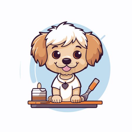 Illustration for Cute cartoon labrador retriever dog sitting at the table with a cake - Royalty Free Image