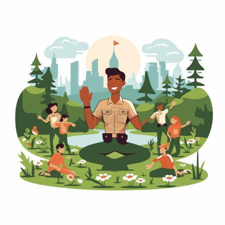 Illustration for African american man with group of kids playing outdoor vector illustration graphic design - Royalty Free Image