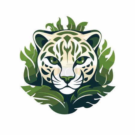 Ilustración de Cabeza de leopardo con hojas verdes sobre fondo blanco. Ilustración vectorial. - Imagen libre de derechos