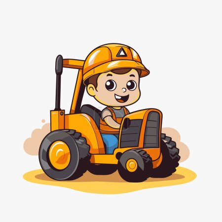 Illustration for Cartoon little boy driving a tractor. Vector illustration on white background. - Royalty Free Image