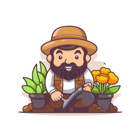 Téléchargez les illustrations : Farmer personnage de dessin animé avec des outils de jardinage et des fleurs. Illustration vectorielle. - en licence libre de droit