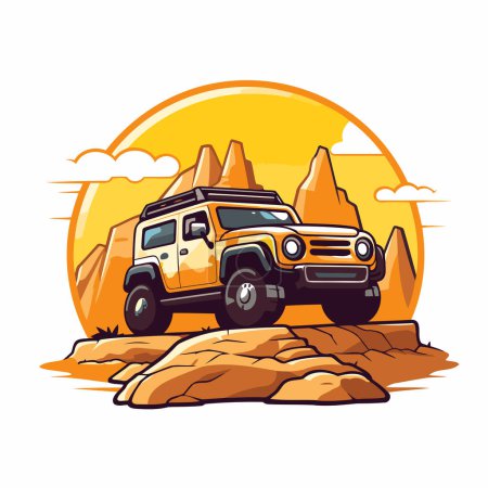 Téléchargez les illustrations : Véhicule hors route dans le désert. Illustration vectorielle dans le style dessin animé - en licence libre de droit