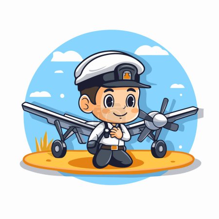 Illustration for Cute pilot with airplane on the beach cartoon vector illustration graphic design - Royalty Free Image