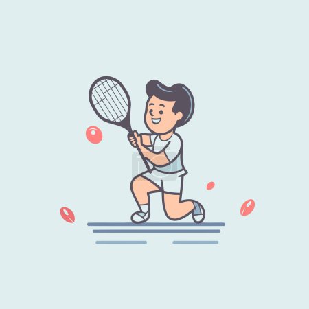 Ilustración de Lindo chico jugando tenis. Ilustración vectorial en estilo lineal de dibujos animados. - Imagen libre de derechos