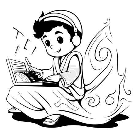 Téléchargez les illustrations : Illustration d'un enfant lisant un livre - Style de bande dessinée noir et blanc - en licence libre de droit