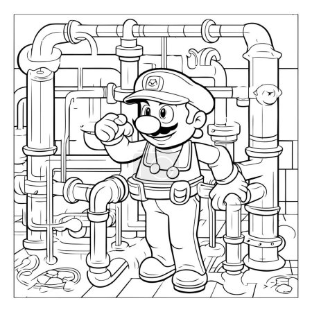 Téléchargez les illustrations : Illustration noir et blanc d'un personnage de plombier ou de plombier avec tuyau pour livre à colorier - en licence libre de droit