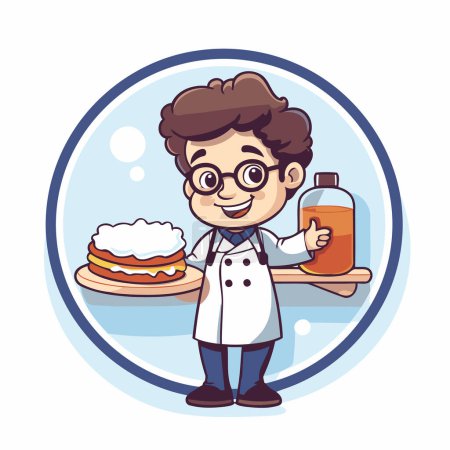 Téléchargez les illustrations : Chef garçon mignon avec nourriture et boisson dessin animé vectoriel illustration conception graphique - en licence libre de droit
