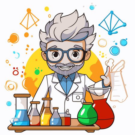 Illustration for Scientist with chemical glassware. Vector illustration in cartoon style. - Royalty Free Image