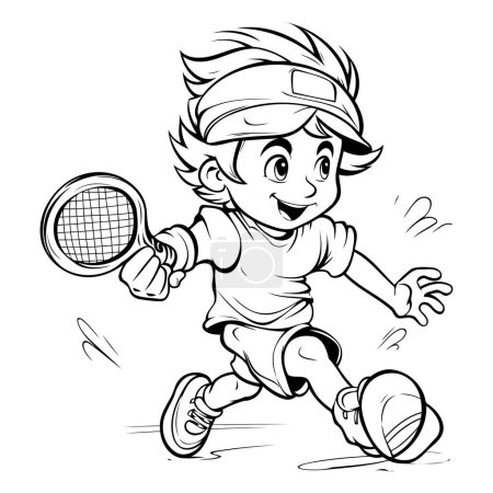Ilustración de Jugador de tenis - Ilustración de dibujos animados en blanco y negro de un niño jugando al tenis - Imagen libre de derechos