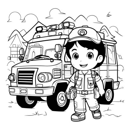 Illustration for Black and White Cartoon Illustration of a Little Fireman or Fireman with His Truck for Coloring Book - Royalty Free Image