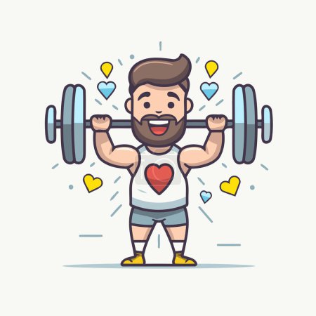 Illustration for Cartoon man with dumbbells and heart. Vector illustration. - Royalty Free Image