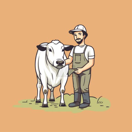 Téléchargez les illustrations : Fermier avec une vache. Illustration vectorielle d'un agriculteur avec une vache. - en licence libre de droit